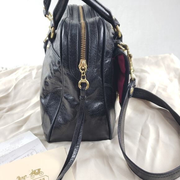 Coach Poppy Pushlock Satchel Black Waxed Leather Fuchsia Lining Removable Strap - Picture 4 of 14